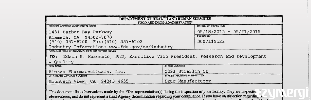 FDANews 483 Alexza Pharmaceuticals, Inc. May 21 2015 top