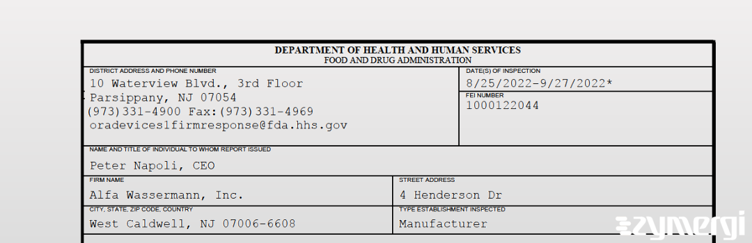 FDANews 483 Alfa Wassermann, Inc. Sep 27 2022 top