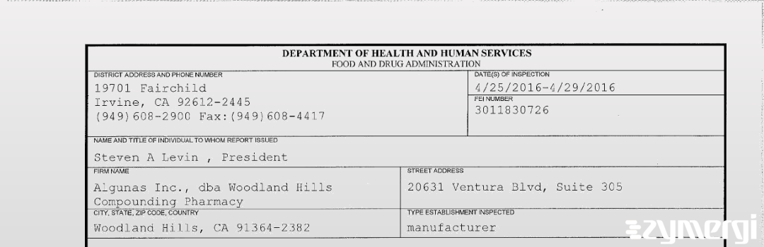 FDANews 483 Algunas Inc., dba Woodland Hills Compounding Pharmacy Apr 29 2016 top