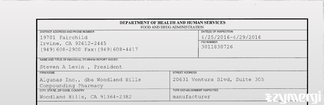 FDANews 483 Algunas Inc., dba Woodland Hills Compounding Pharmacy Apr 29 2016 top