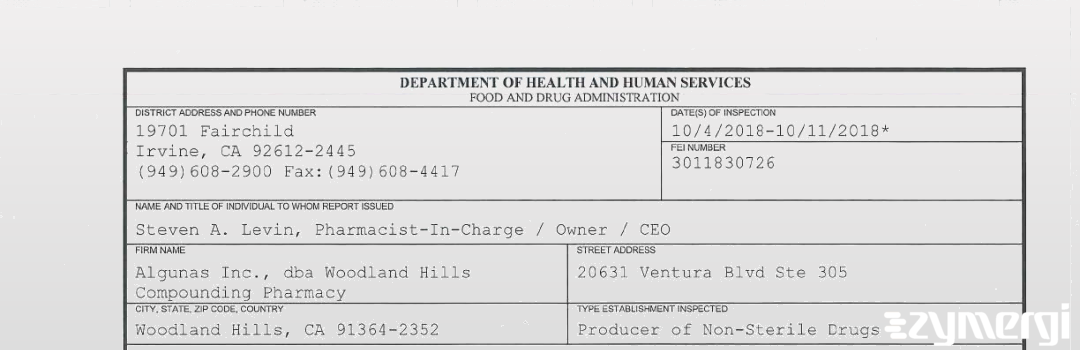 FDANews 483 Algunas Inc., dba Woodland Hills Compounding Pharmacy Oct 11 2018 top