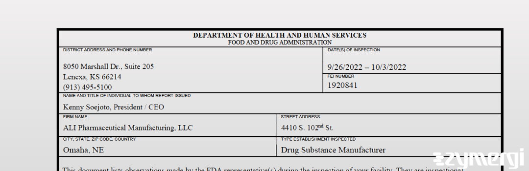 FDANews 483 ALI Pharmaceutical Manufacturing LLC Oct 3 2022 top