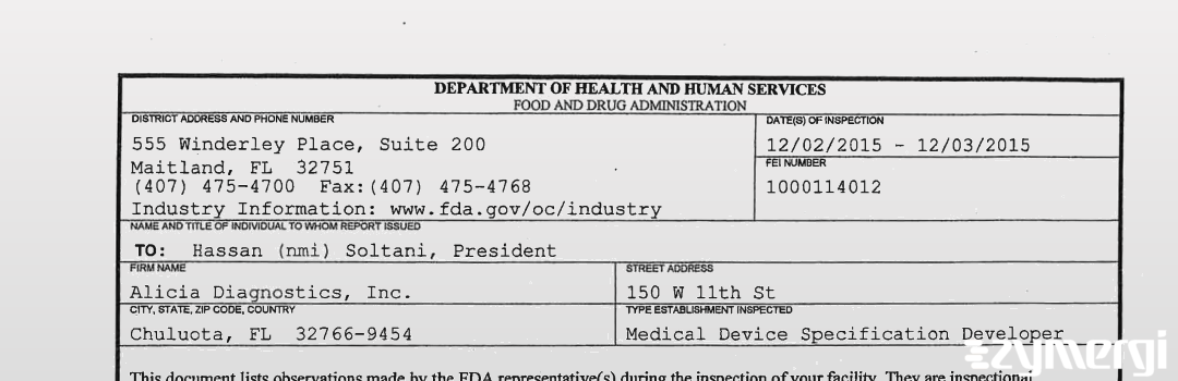 FDANews 483 Alicia Diagnostics, Inc. Dec 3 2015 top