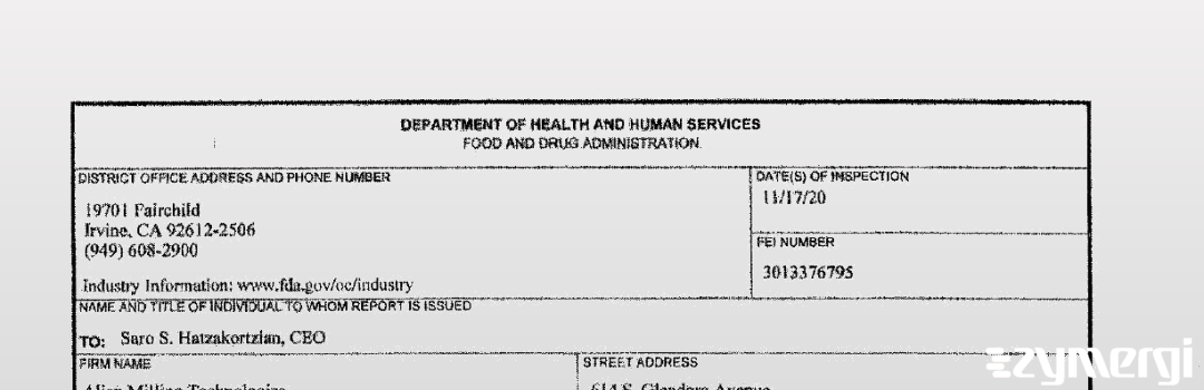 FDANews 483 ALIEN MILLING TECHNOLOGIES Dec 1 2020 top