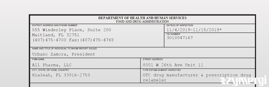 FDANews 483 All Pharma, LLC Nov 15 2019 top