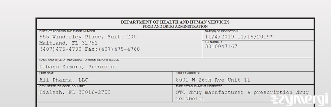 FDANews 483 All Pharma, LLC Nov 15 2019 top