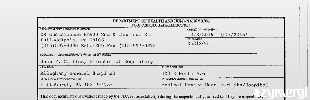 FDANews 483 Allegheny General Hospital Dec 17 2015 top