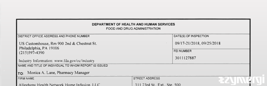 FDANews 483 Allegheny Health Network Home Infusion, LLC Sep 25 2018 top