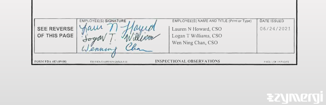 Logan T. Williams FDA Investigator Wen Ning Chan FDA Investigator Rafeeq A. Habeeb FDA Investigator Lauren N. Howard FDA Investigator