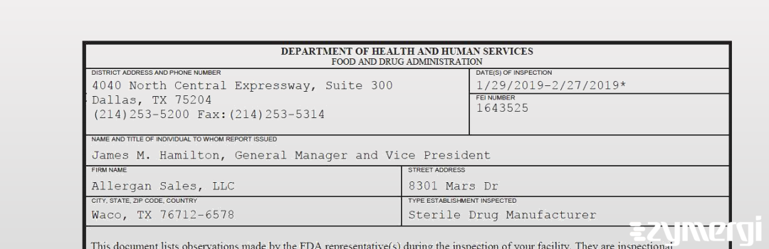 FDANews 483 Allergan Sales LLC Feb 27 2019 top