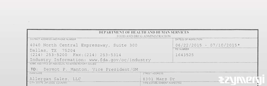 FDANews 483 Allergan Sales LLC Jul 10 2015 top