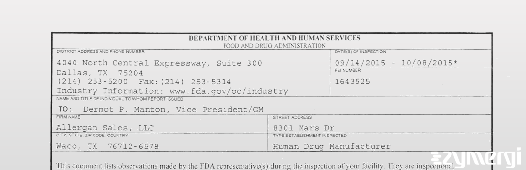 FDANews 483 Allergan Sales LLC Oct 8 2015 top