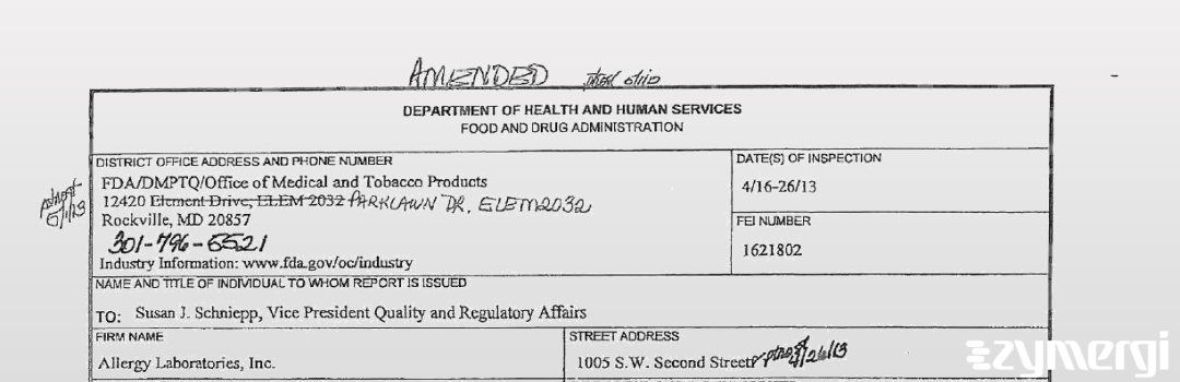 FDANews 483 Allergy Laboratories, Inc. Apr 26 2013 top