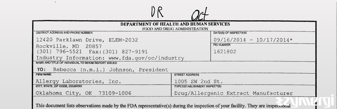 FDAzilla 483 Allergy Laboratories, Inc. Oct 17 2014 top