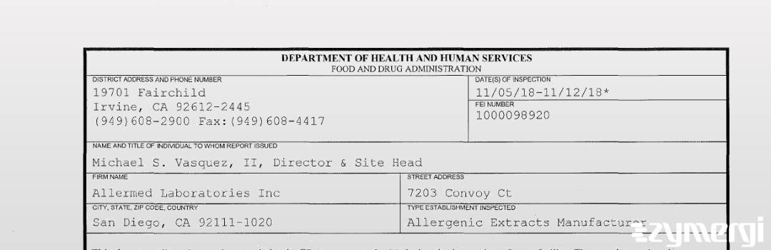 FDANews 483 AllerMed Laboratories, Inc. Nov 12 2018 top