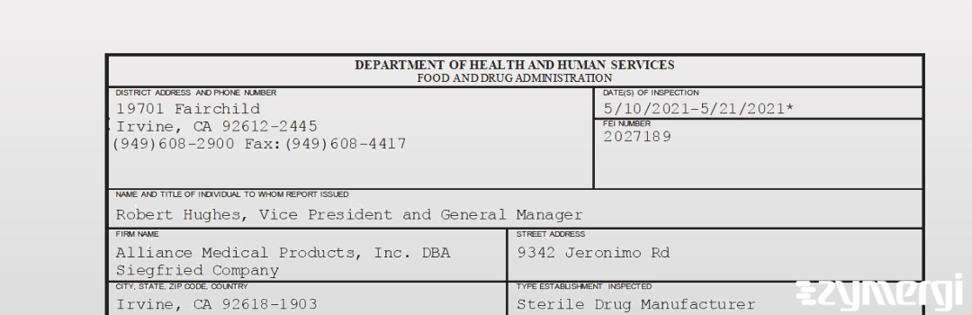 FDANews 483 Alliance Medical Products, Inc. DBA Siegfried Company May 21 2021 top