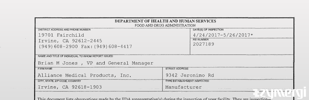 FDANews 483 Alliance Medical Products, Inc. May 26 2017 top