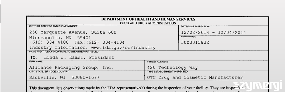 FDANews 483 Alliance Packaging Group, Inc. Dec 4 2014 top