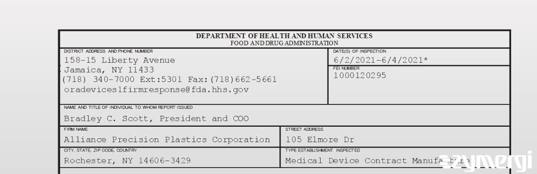 FDANews 483 Alliance Precision Plastics Corporation Jun 4 2021 top