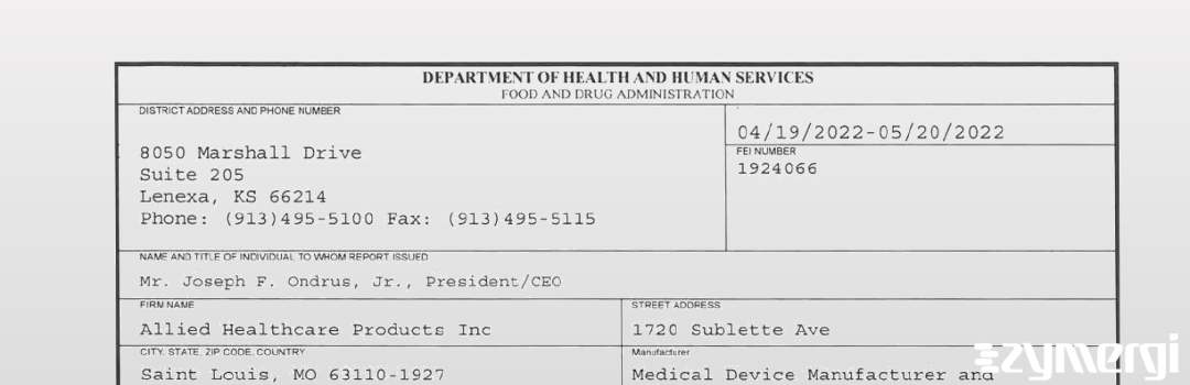 FDANews 483 Allied Healthcare Products Inc May 20 2022 top