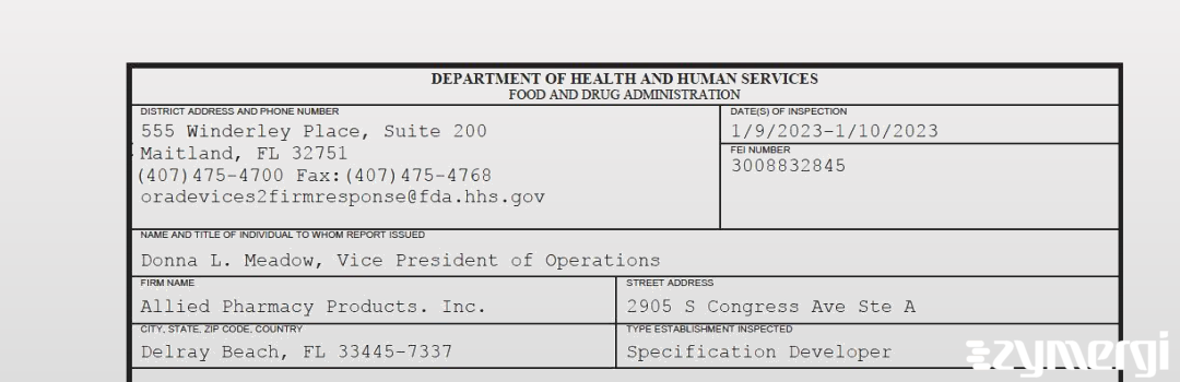 FDANews 483 Allied Pharmacy Products. Inc. Jan 10 2023 top