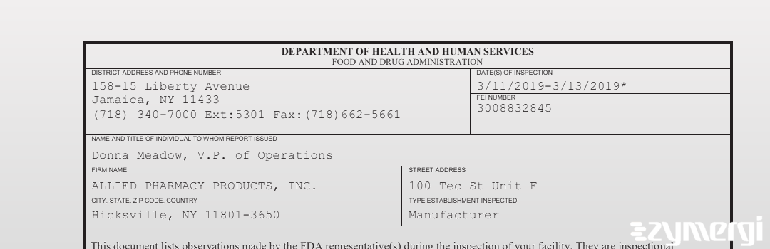 FDANews 483 Allied Pharmacy Products. Inc. Mar 11 2019 top