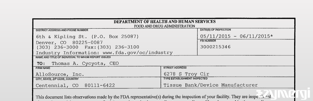 FDANews 483 AlloSource Inc Jun 11 2015 top