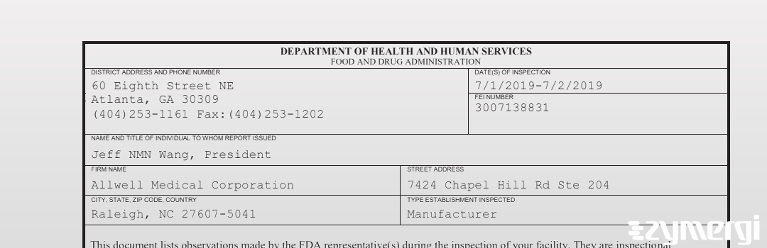 FDANews 483 Allwell Medical Corporation Jul 2 2019 top