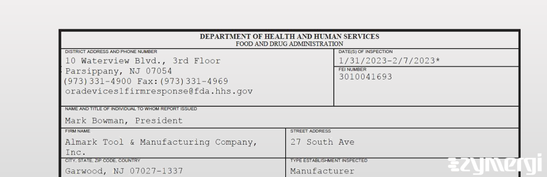 FDANews 483 Almark Tool & Manufacturing Company, Inc. Feb 7 2023 top