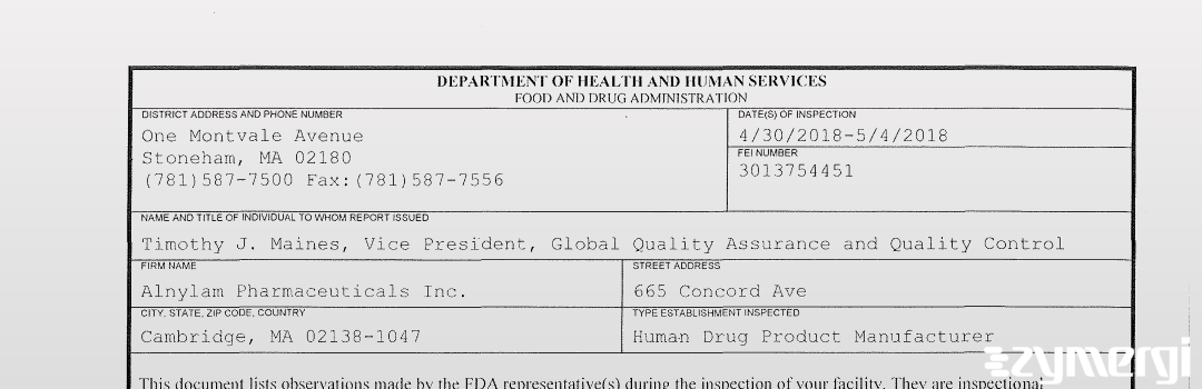 FDANews 483 Alnylam Pharmaceuticals Inc. May 4 2018 top