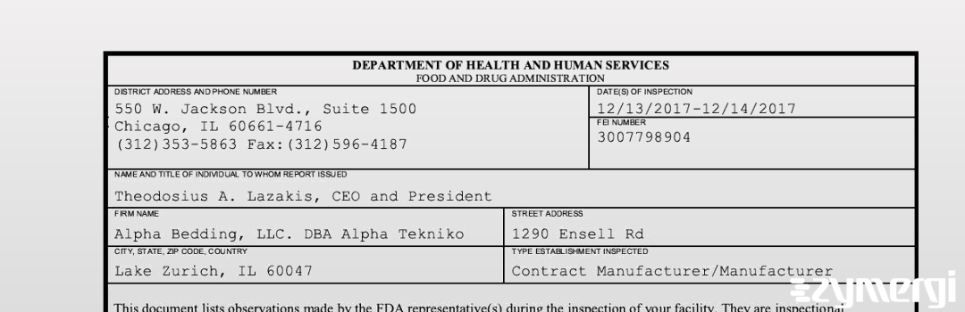 FDANews 483 Alpha Bedding, LLC. DBA Alpha Tekniko Dec 14 2017 top