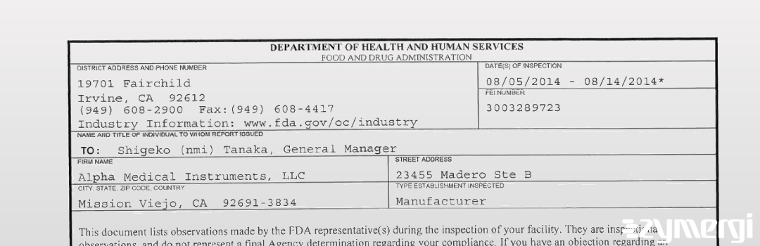 FDAzilla 483 Alpha Medical Instruments, LLC Aug 14 2014 top