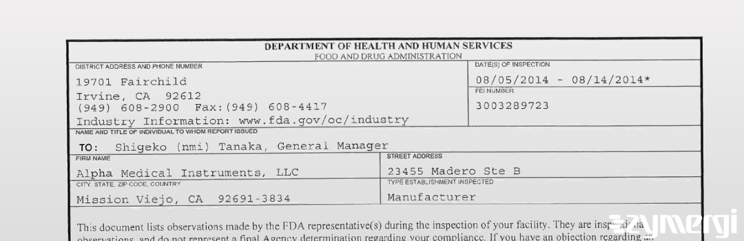 FDANews 483 Alpha Medical Instruments, LLC Aug 14 2014 top