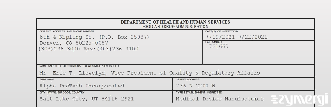 FDANews 483 Alpha ProTech Incorporated Jul 22 2021 top