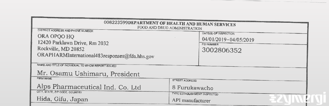 FDANews 483 Alps Pharmaceutical Industrial Co., Ltd. Apr 5 2019 top