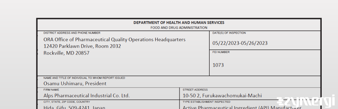 FDANews 483 Alps Pharmaceutical Industrial Co., Ltd. May 26 2023 top