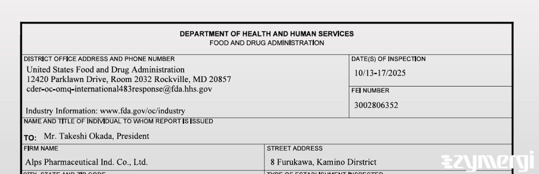 FDANews 483 Alps Pharmaceutical Industrial Co., Ltd. Oct 17 2025 top