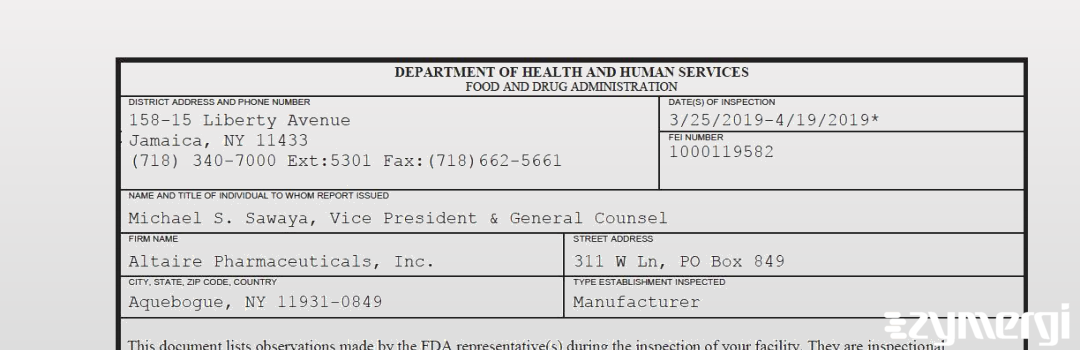 FDANews 483 Altaire Pharmaceuticals, Inc. Apr 19 2019 top