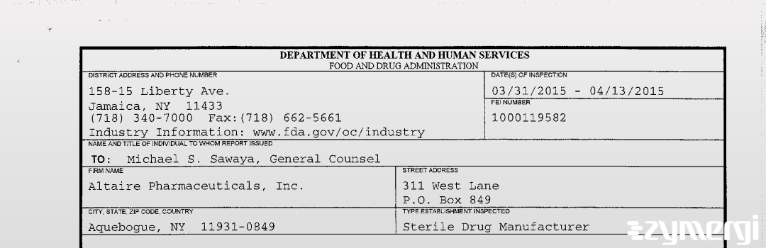 FDANews 483 Altaire Pharmaceuticals, Inc. Dec 15 2015 top