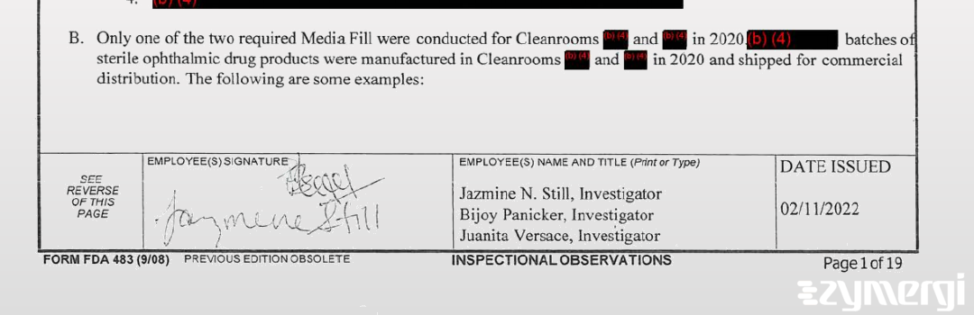 Jazmine N. Brown FDA Investigator Bijoy Panicker FDA Investigator Juanita P. Versace FDA Investigator 