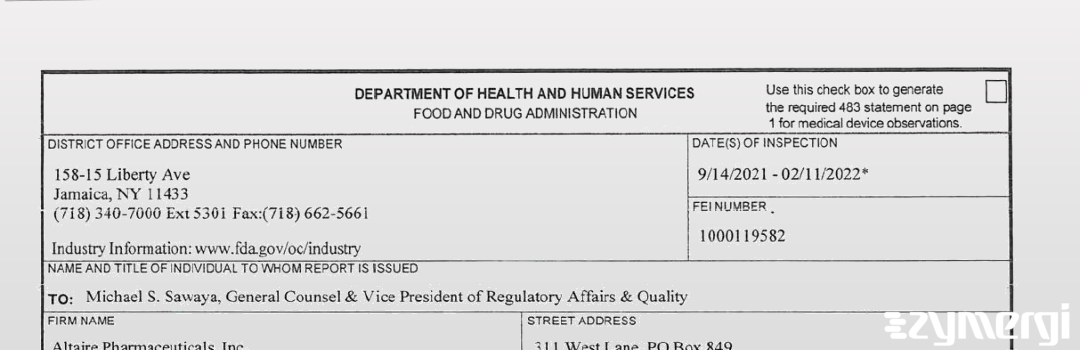 FDANews 483 Altaire Pharmaceuticals, Inc. Feb 11 2022 top