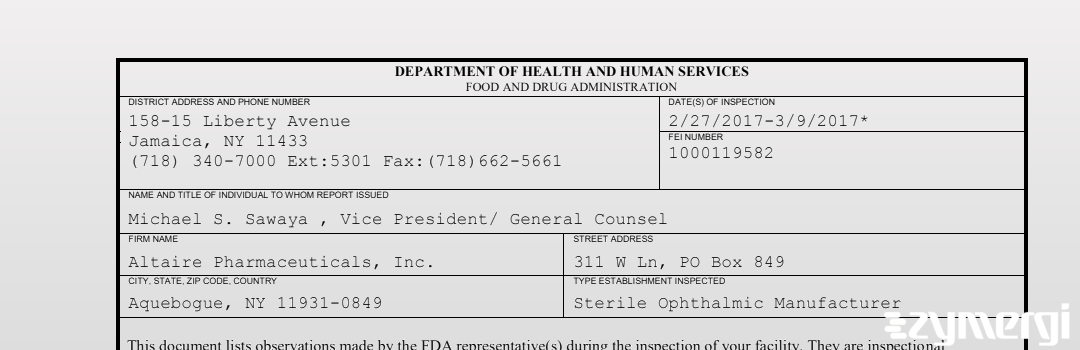 FDANews 483 Altaire Pharmaceuticals, Inc. Mar 9 2017 top