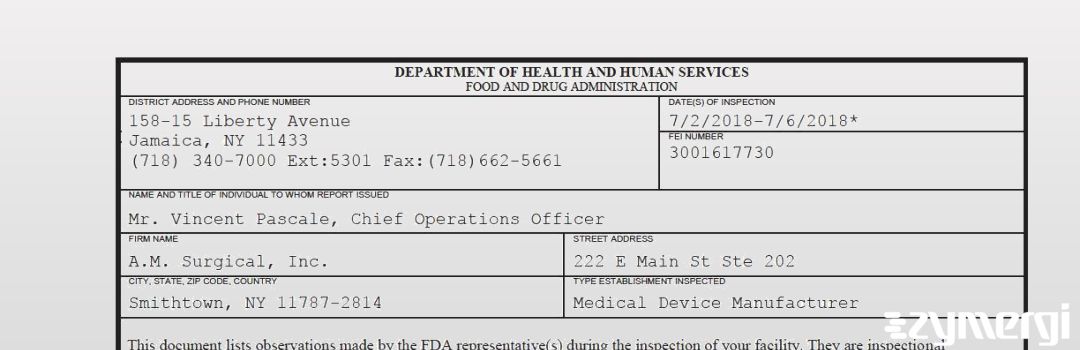 FDANews 483 A.M. Surgical, Inc. Jul 6 2018 top