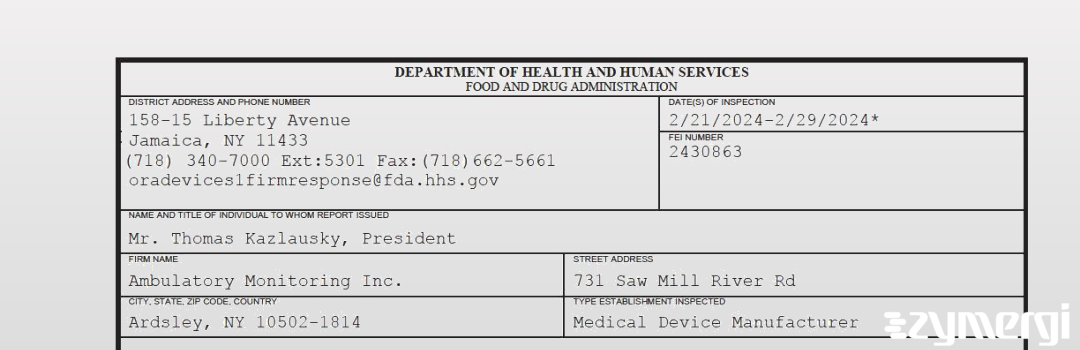 FDANews 483 Ambulatory Monitoring Inc. Feb 29 2024 top