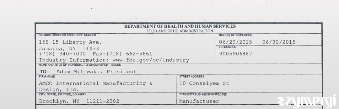 FDANews 483 AMCO International Manufacturing & Design, Inc. Jun 30 2015 top