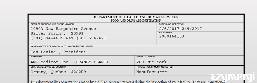 FDANews 483 AMD Medicom Inc. (GRANBY PLANT) Feb 9 2017 top