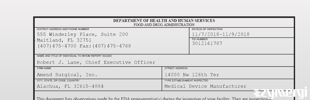 FDANews 483 Amend Surgical, Inc. Nov 9 2018 top