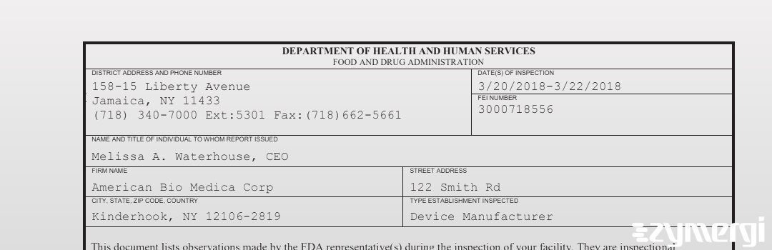 FDANews 483 American Bio Medica Corp Mar 22 2018 top