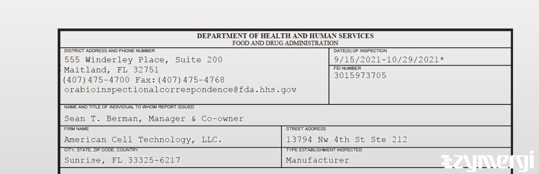 FDANews 483 American Cell Technology, LLC. Oct 29 2021 top