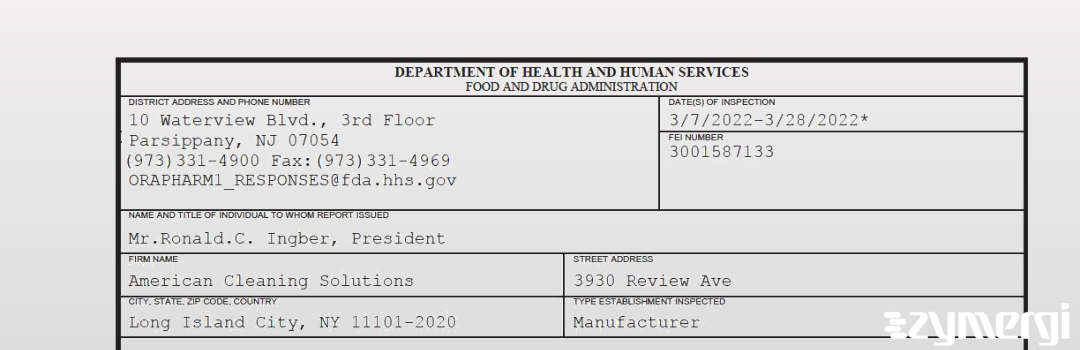 FDANews 483 American Cleaning Solutions Mar 28 2022 top